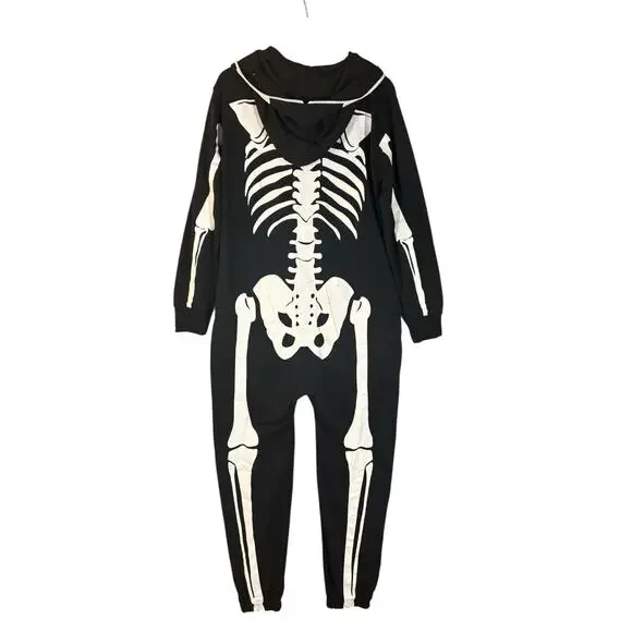 Tipsy Elves Men's Skeleton Hooded Onesie Large Costume Full Zip Pajamas Fleece - Picture 5 of 11